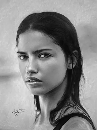 Adriana Lima Portrait réaliste au fusain peint à la main