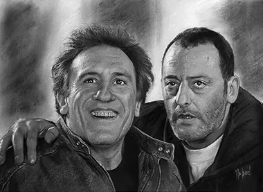 Tais-toi - Gérard Depardieu et Jean Reno portrait fusain Portrait au fusain réaliste